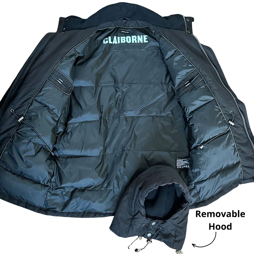 Claiborne Down Jacket Men’s Large Black Duck Down Parka Winter Coat Hooded